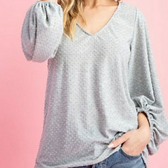 Polka Dot Pattern Puffy Sleeved V-neck Top - Picture 3 of 5